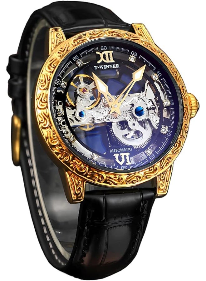 Winner Men Vintage Mechanical Self-wind Watch, Gorgeous Carving Totem Bezel，Luxury Double-sided Hallow Skeleton Dail with Diamond Scale Automatic Watches, Big Dial Leather Strap Wristwatch - Image 1